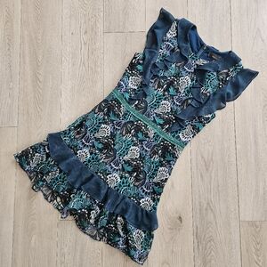 Adelyn Rae Teal Blue Lace Ruffle Cocktail Mid Thigh Midi Dress, Med